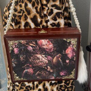 Birds of Paradise - Cigar Box Purse w/Faux Pearl Handle & Rabbit Fur Charm
